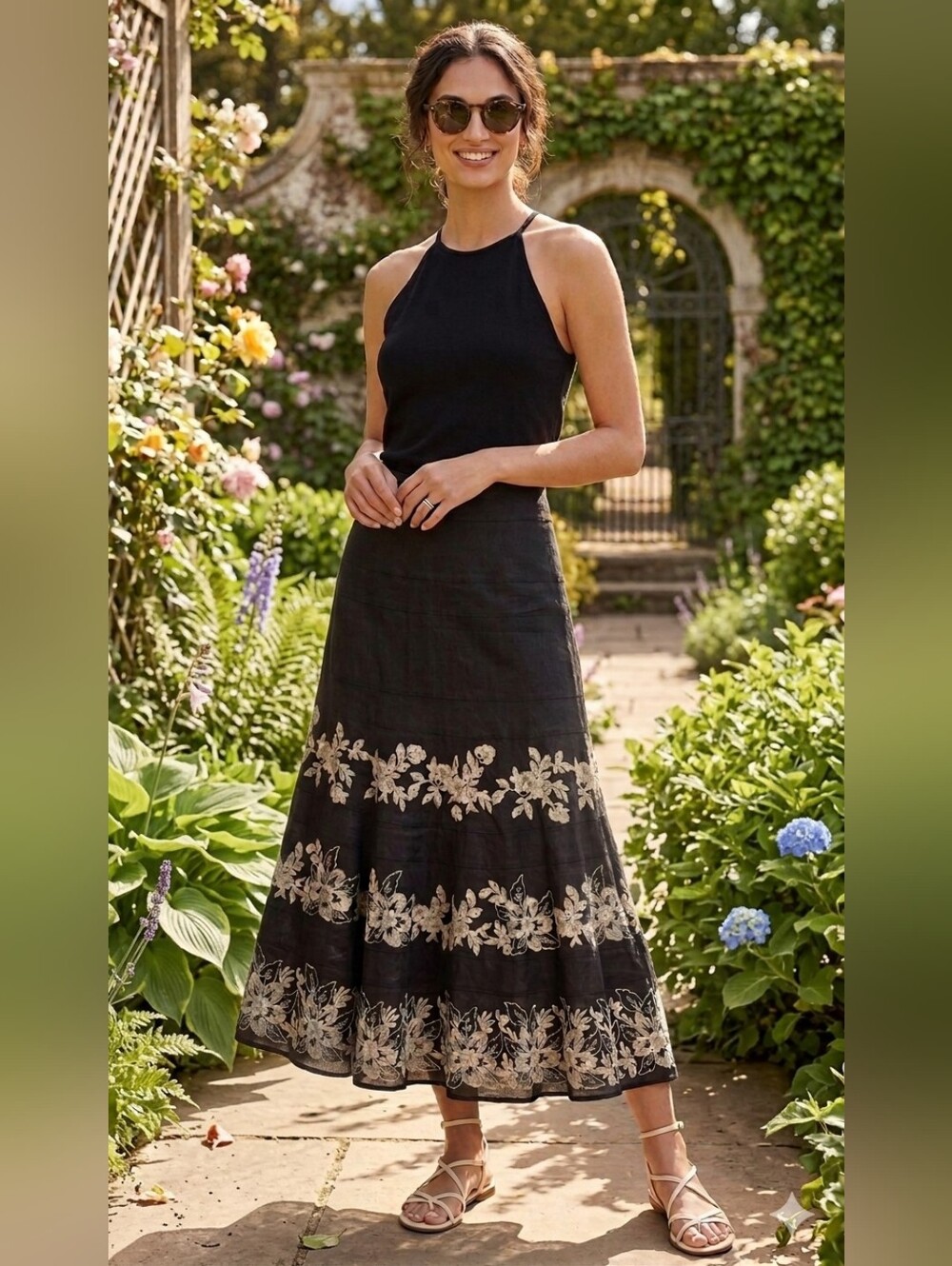 Carlisle Black 100% Linen Embroidered Floral Midi Skirt - Size 2